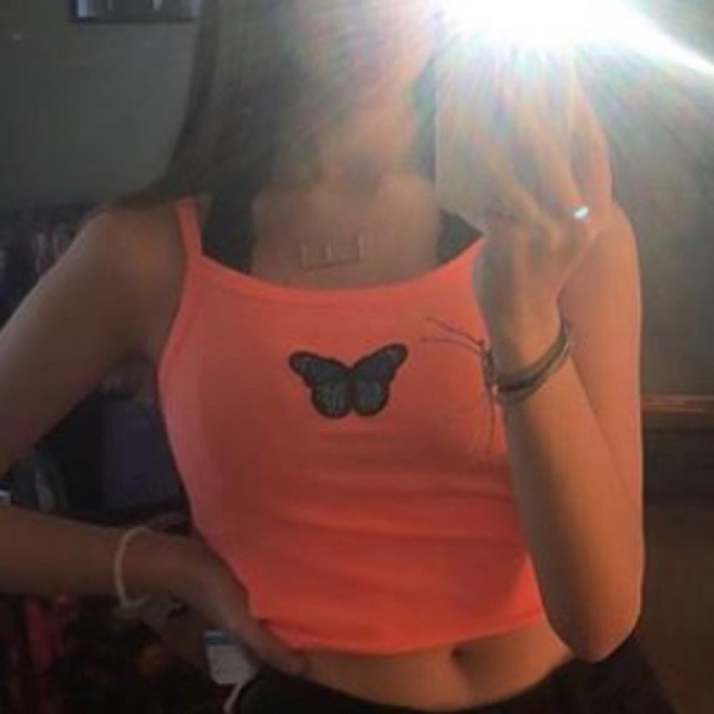 cropped neon orange/pink butterfly tank top